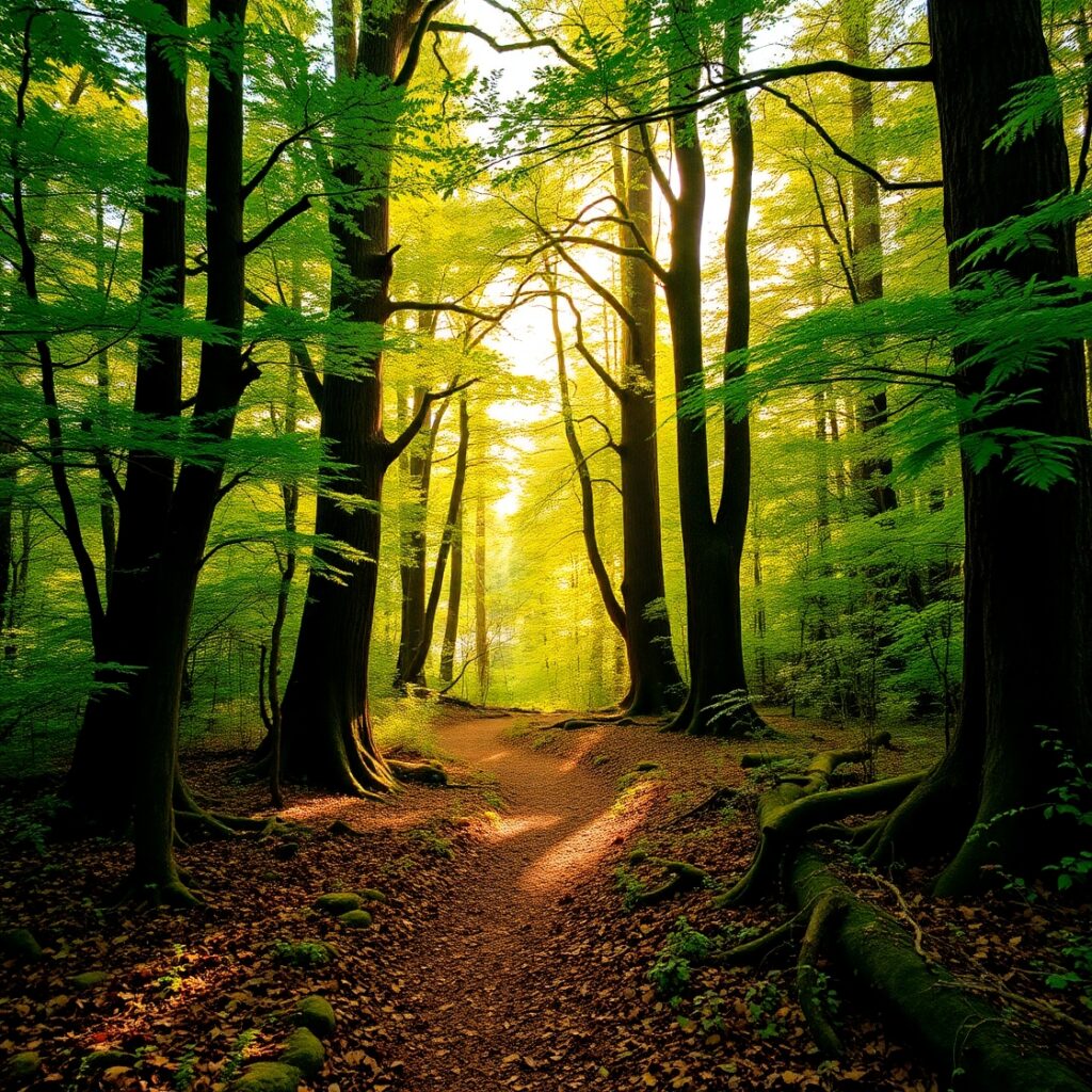 Sunlight Filtering Through a Majestic Forest – free AI stock image