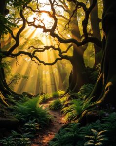 Sunlight Filtering Through a Misty Forest – free AI stock image