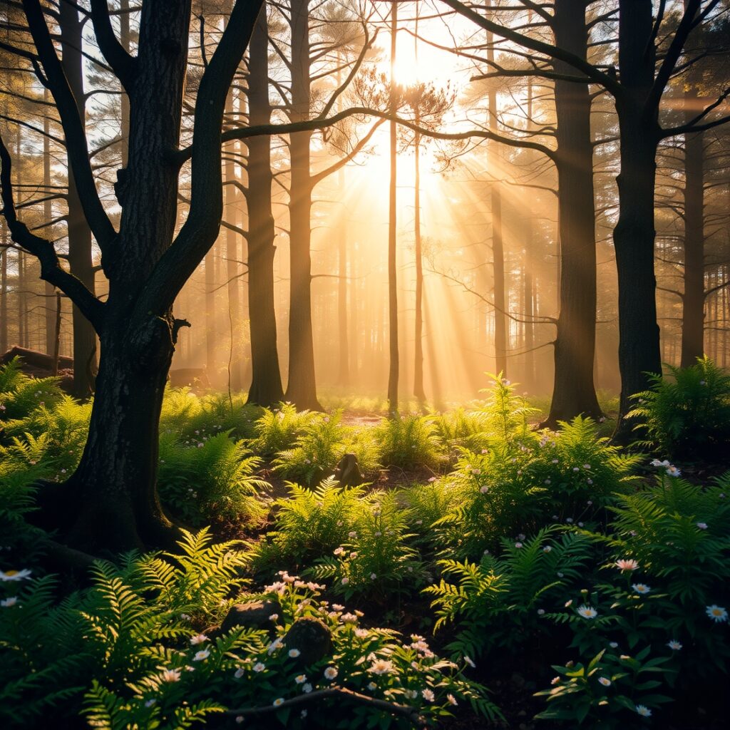 Sunlight Filtering Through a Misty Forest – free AI stock image