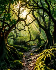 Sunlight Filtering Through a Serene Forest – free AI stock image