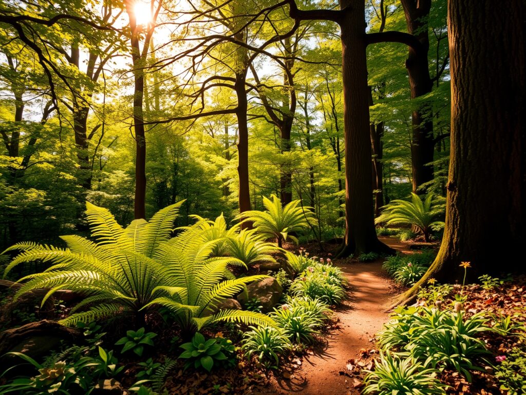 Sunlight Filtering Through a Serene Forest – free AI stock image