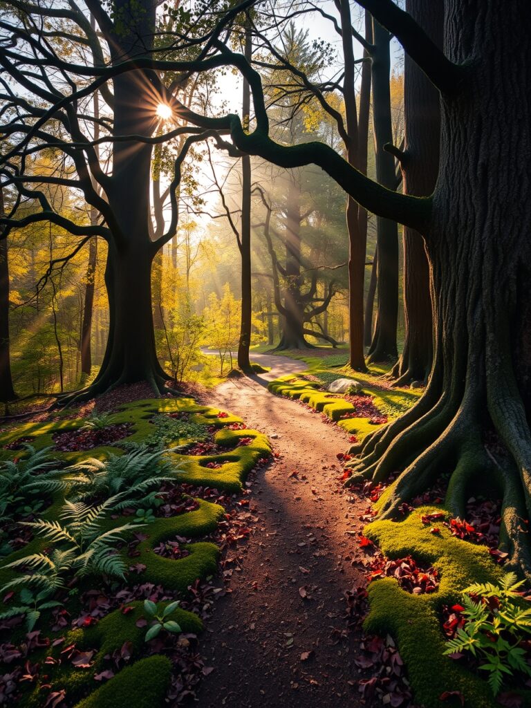 Sunlight Filtering Through a Serene Forest – free AI stock image