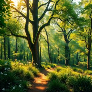 Sunlight Filtering Through a Serene Forest – free AI stock image