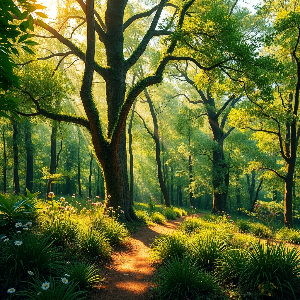 Sunlight Filtering Through a Serene Forest – free AI stock image