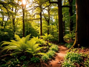 Sunlight Filtering Through a Serene Forest – free AI stock image