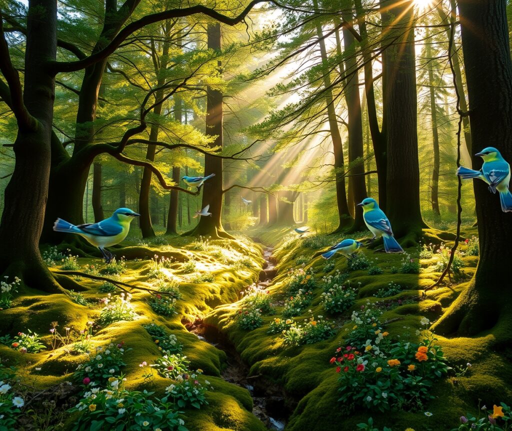 Sunlight Filtering Through a Serene Forest – free AI stock image