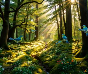 Sunlight Filtering Through a Serene Forest – free AI stock image