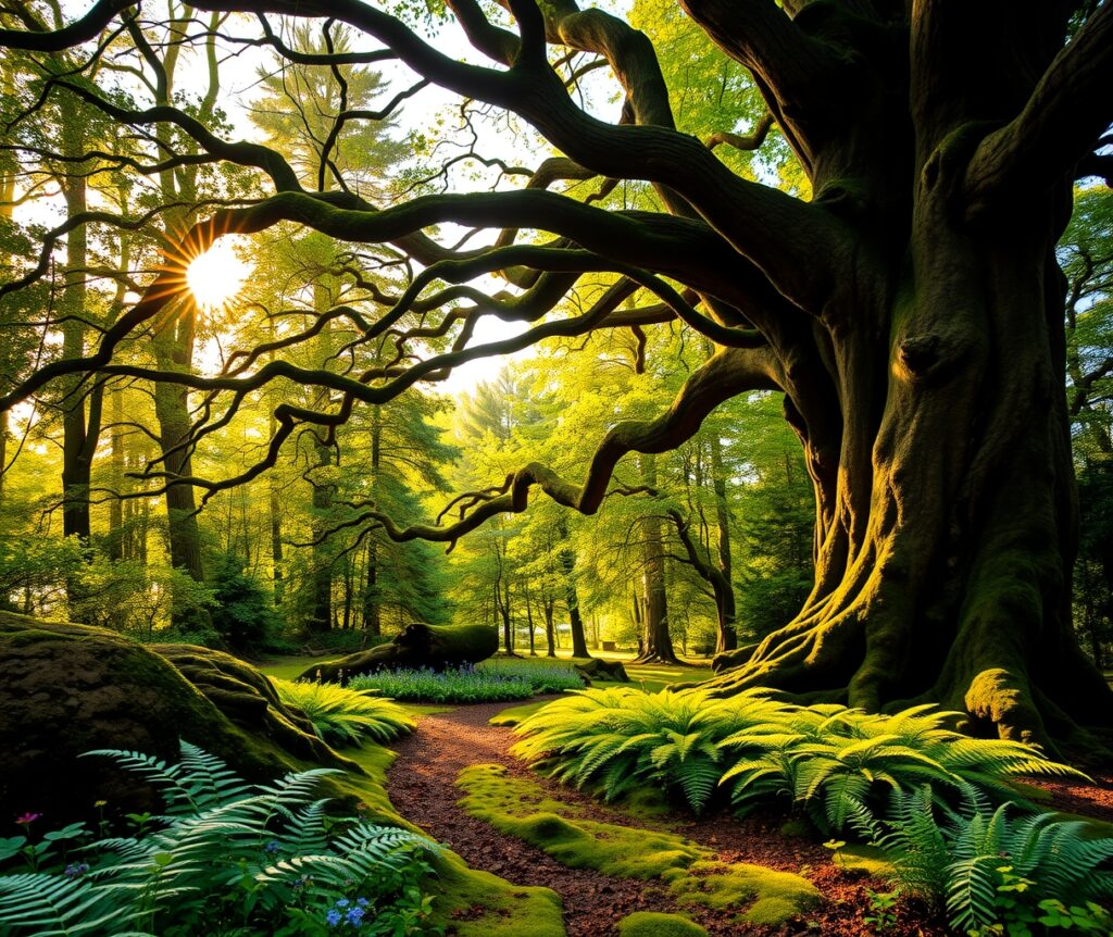 Sunlight Filtering Through a Tranquil Forest – free AI stock image