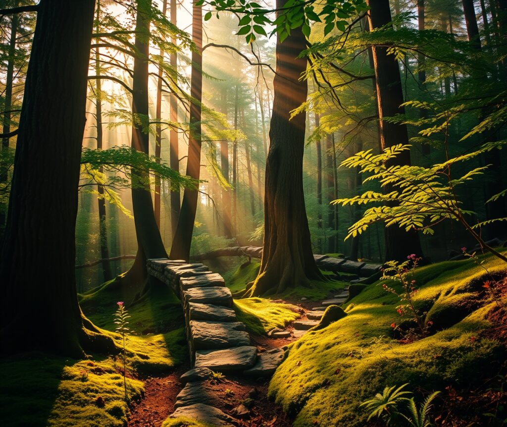 Sunlight Filtering Through a Tranquil Forest – free AI stock image