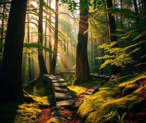 Sunlight Filtering Through a Tranquil Forest – free AI stock image