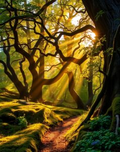 Sunlight Filtering Through Ancient Forest Canopy – free AI stock image