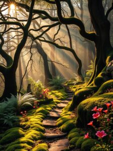 Sunlight Filtering Through Ancient Forest Canopy – free AI stock image
