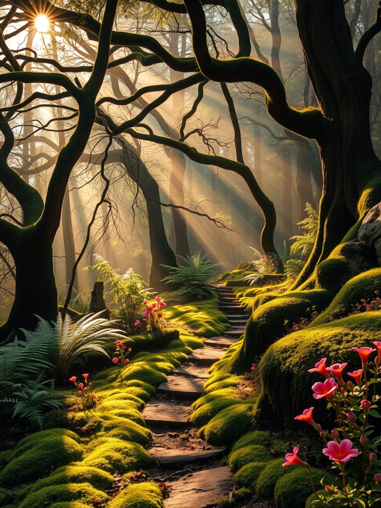 Sunlight Filtering Through Ancient Forest Canopy – free AI stock image