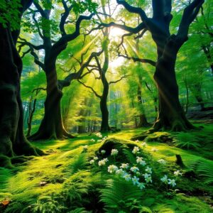 Sunlight Filtering Through Ancient Forest Canopy – free AI stock image