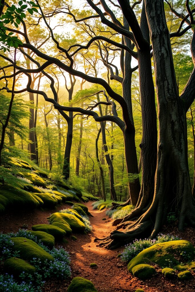 Sunlight Filtering Through Ancient Forest Canopy – free AI stock image
