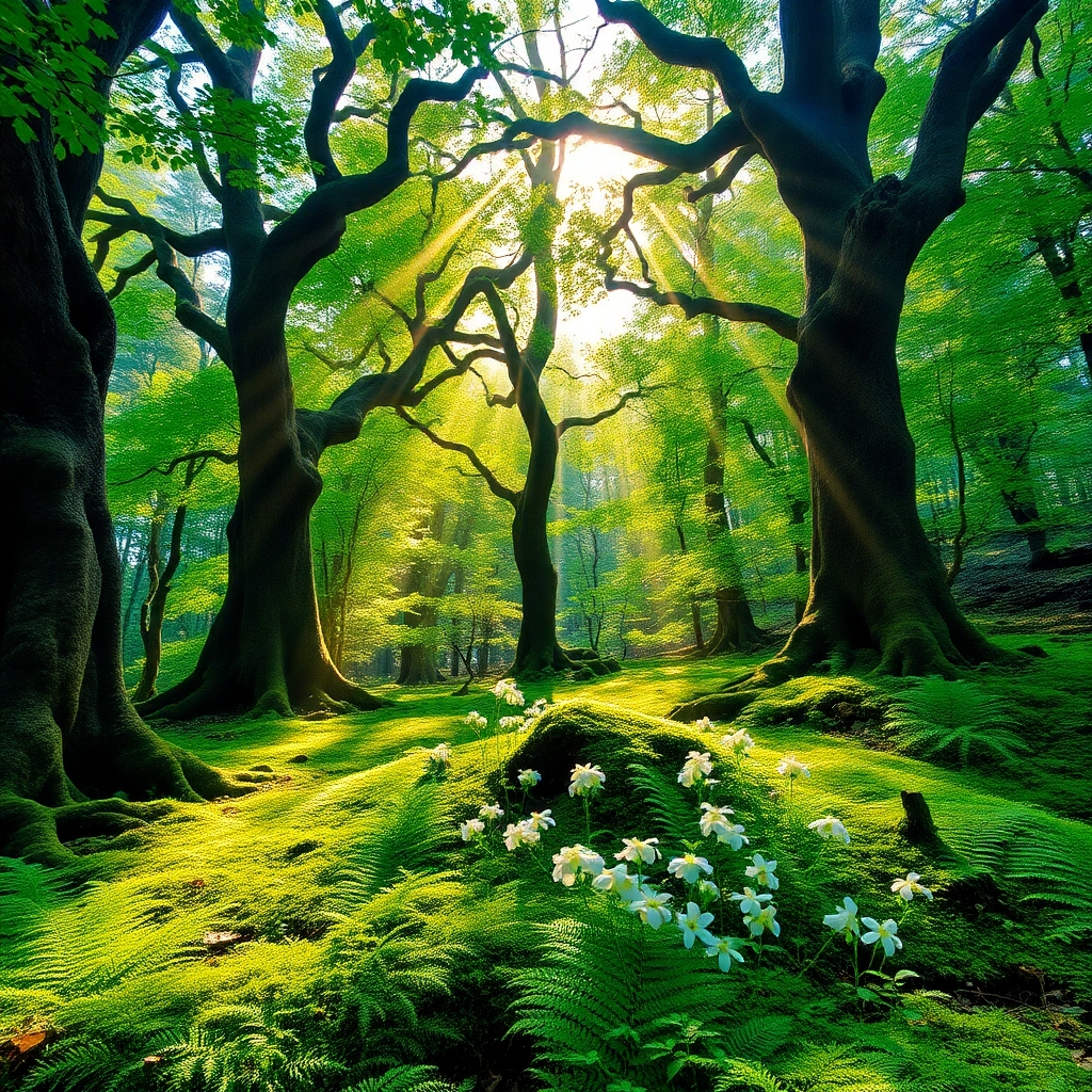 Sunlight Filtering Through Ancient Forest Canopy – free AI stock image