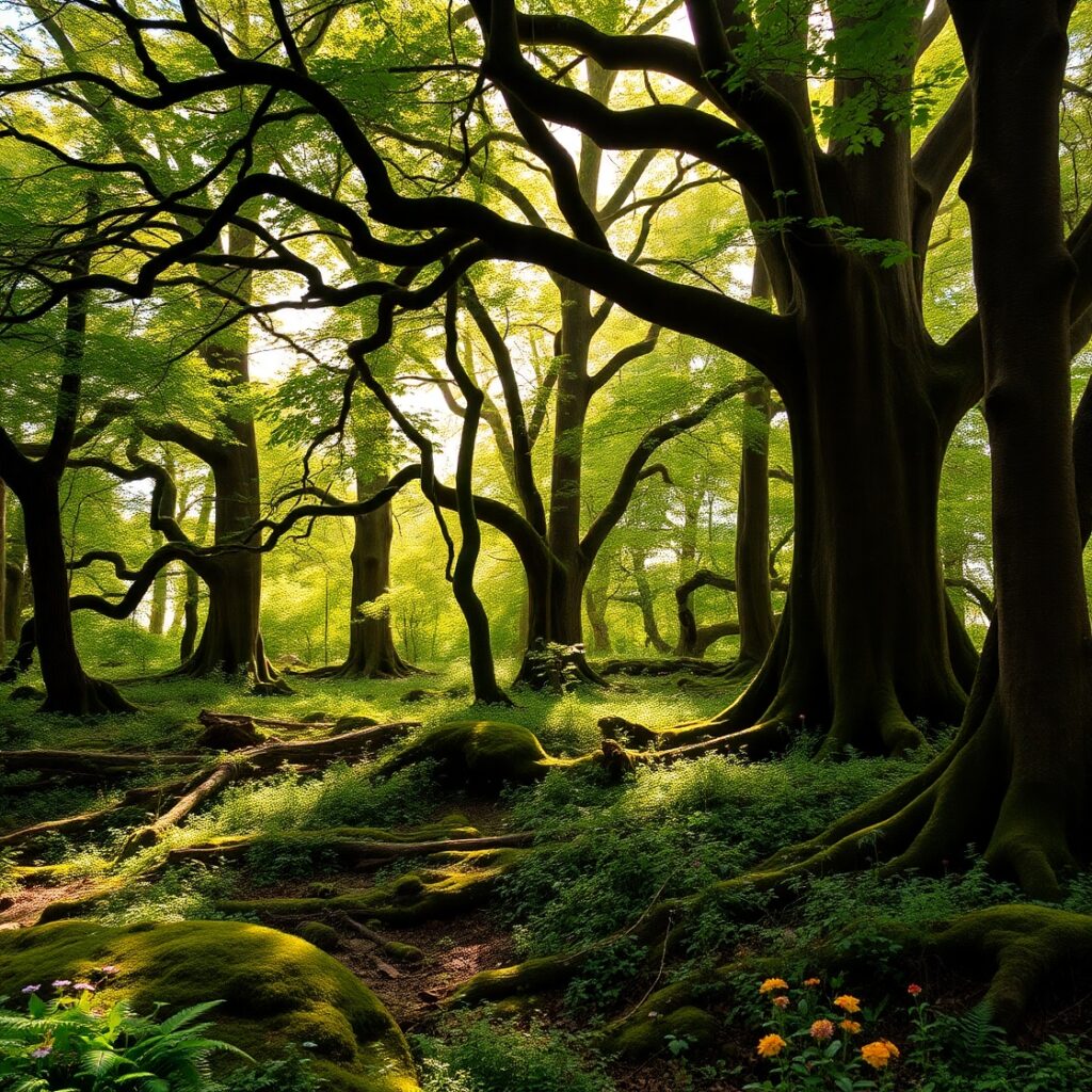 Sunlight Filtering Through Ancient Forest Trees – free AI stock image