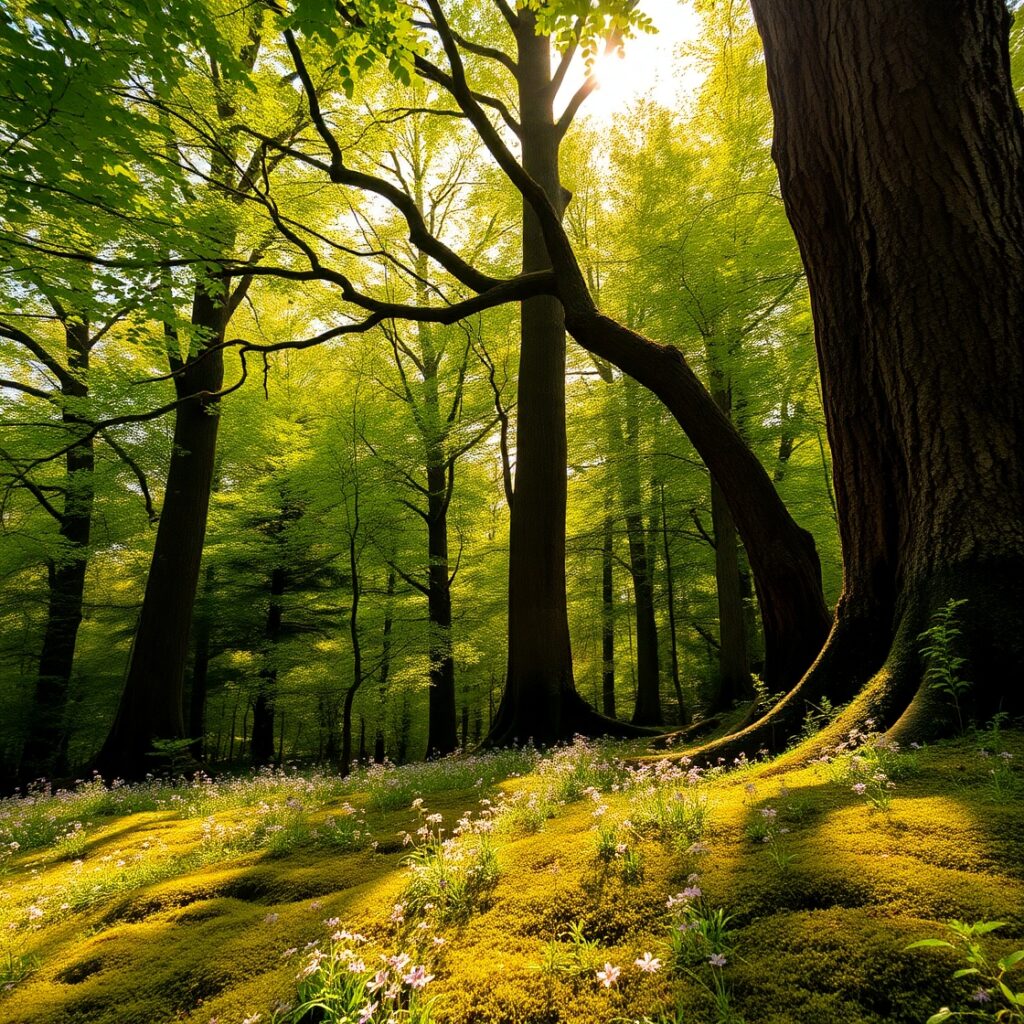 Sunlight Filtering Through Dense Forest Canopy – free AI stock image