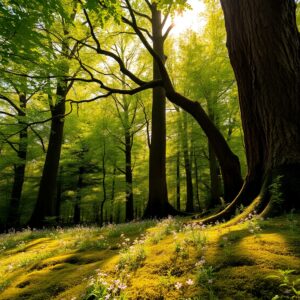 Sunlight Filtering Through Dense Forest Canopy – free AI stock image