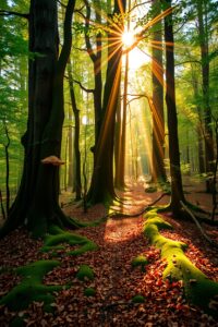 Sunlight Filtering Through Dense Forest Canopy – free AI stock image