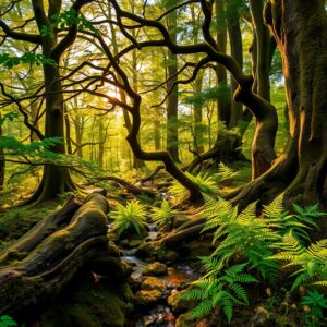 Sunlight Filtering Through Dense Forest Canopy – free AI stock image