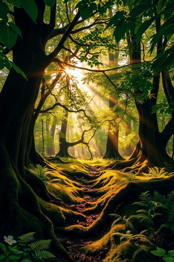 Sunlight Filtering Through Dense Forest Canopy – free AI stock image