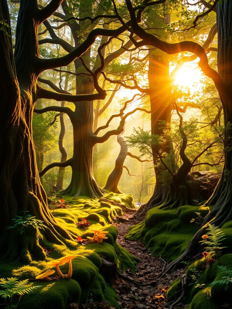 Sunlight Filtering Through Enchanted Forest Canopy – free AI stock image
