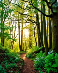 Sunlight Filtering Through Lush Forest Canopy – free AI stock image