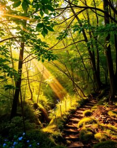 Sunlight Filtering Through Lush Forest Canopy – free AI stock image