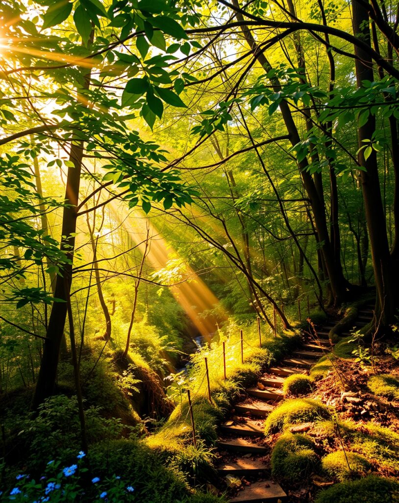 Sunlight Filtering Through Lush Forest Canopy – free AI stock image