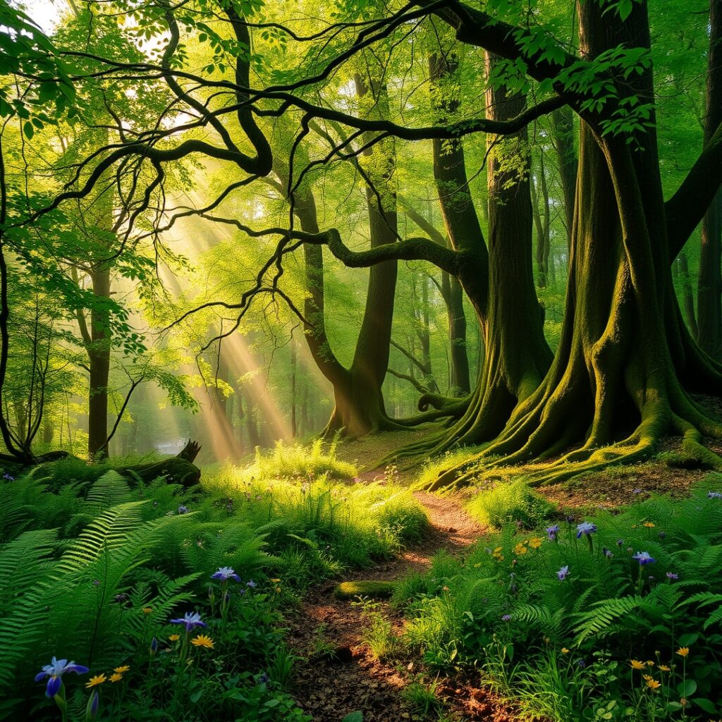 Sunlight Filtering Through Lush Green Forest – free AI stock image