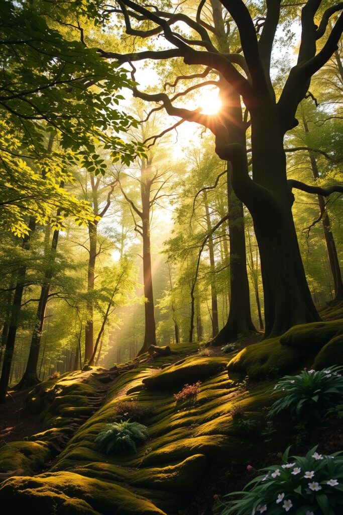 Sunlight Filtering Through Verdant Canopy – free AI stock image