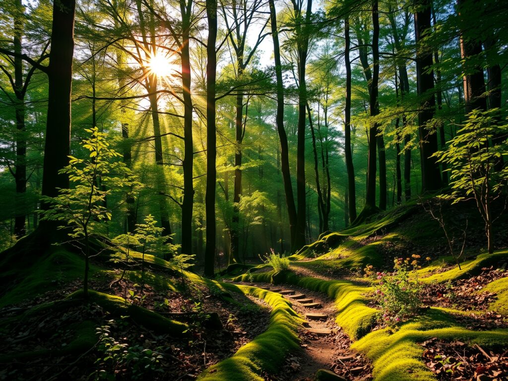 Sunlight Streaming Through a Dense Forest – free AI stock image