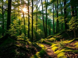 Sunlight Streaming Through a Dense Forest – free AI stock image