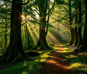 Sunlight Streaming Through a Misty Forest – free AI stock image