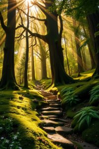 Sunlight Streaming Through Dense Forest Canopy – free AI stock image