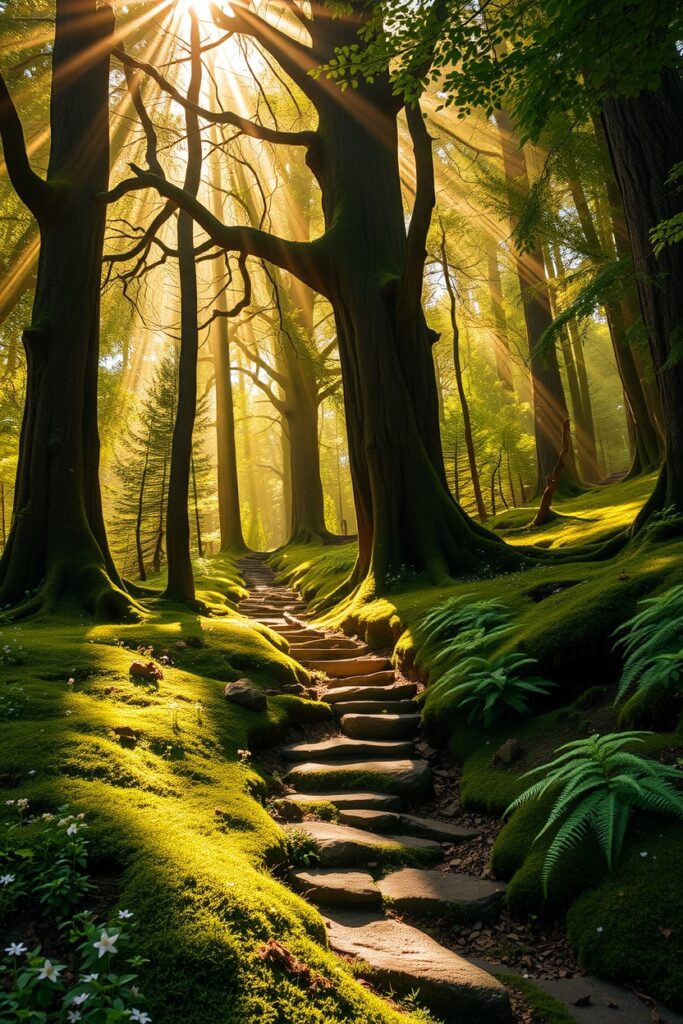 Sunlight Streaming Through Dense Forest Canopy – free AI stock image