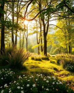 Sunlit Forest Glade with Wildflowers – free AI stock image