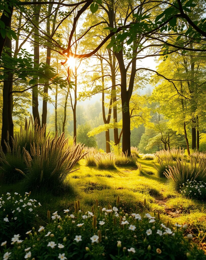 Sunlit Forest Glade with Wildflowers – free AI stock image
