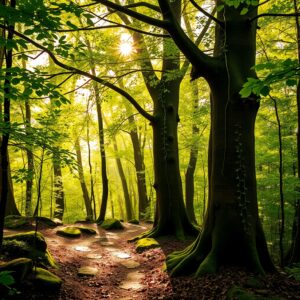 Sunlit Forest Path with Lush Greenery – free AI stock image