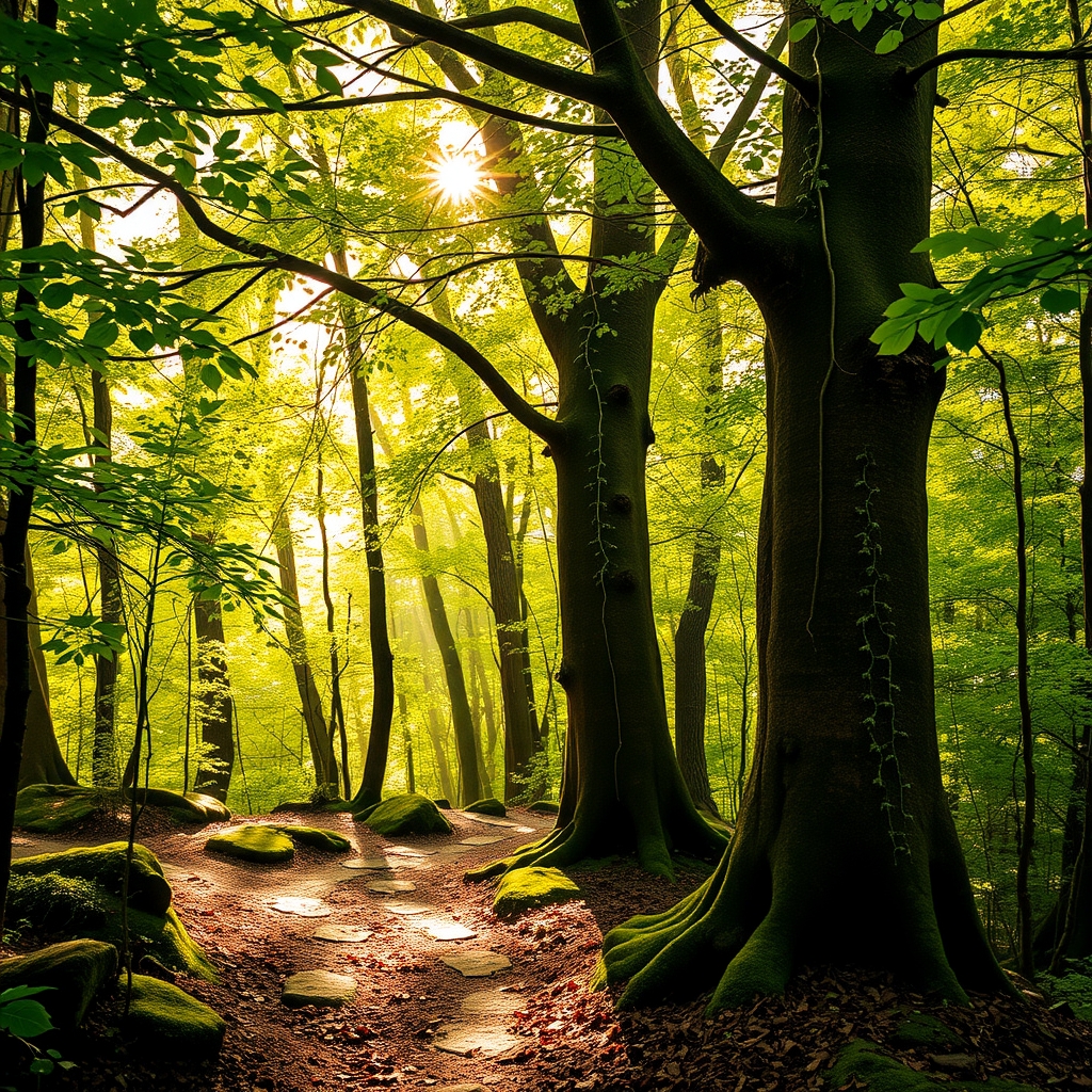 Sunlit Forest Path with Lush Greenery – free AI stock image