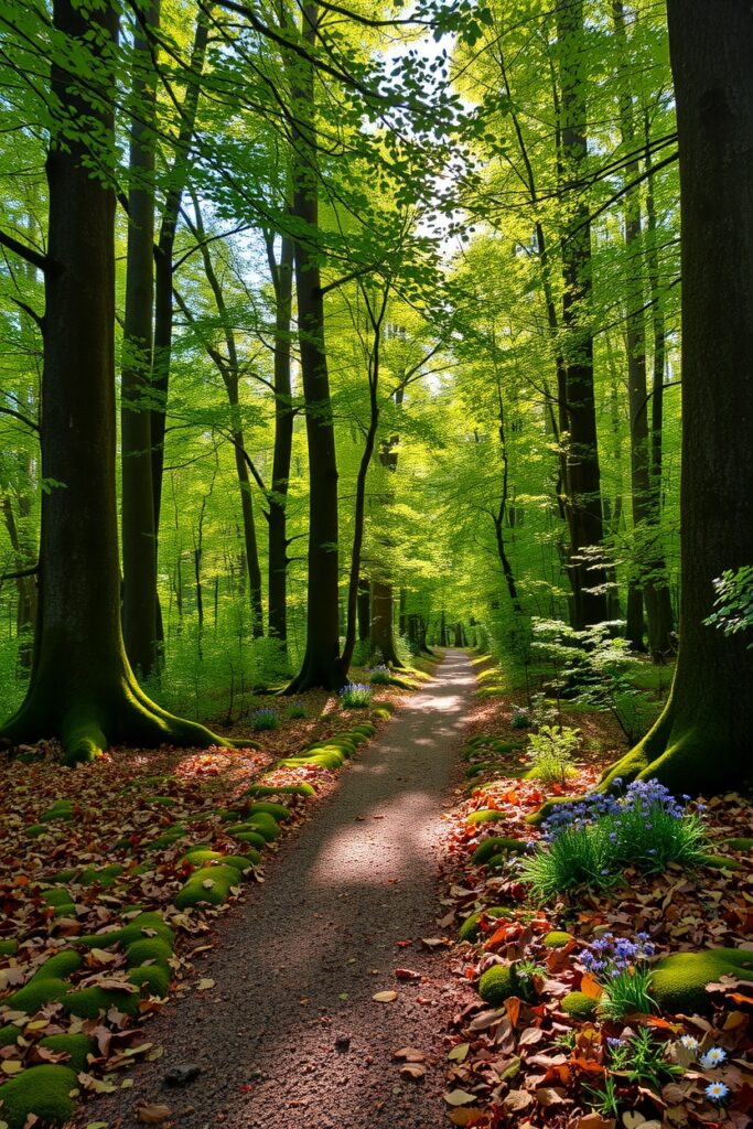Sunlit Forest Pathway Through Verdant Trees – free AI stock image