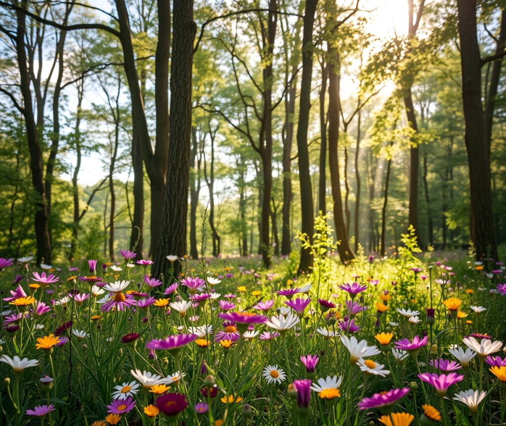 Sunlit Forest with Vibrant Wildflowers – free AI stock image