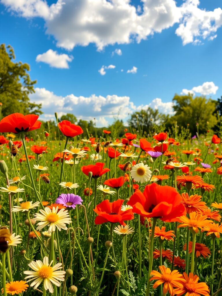 Sunlit Meadow Filled with Vibrant Flowers – free AI stock image