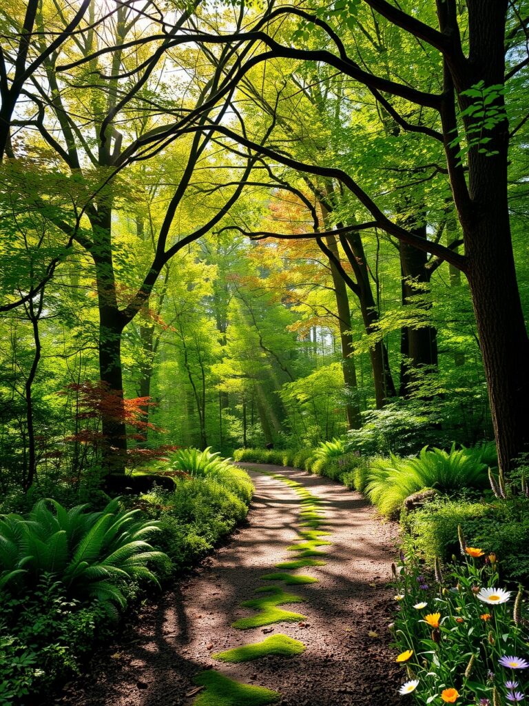 Sunlit Path Through a Lush Green Forest – free AI stock image