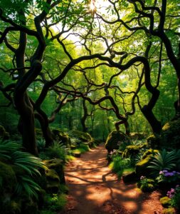 Sunlit Path Through the Enchanted Forest – free AI stock image