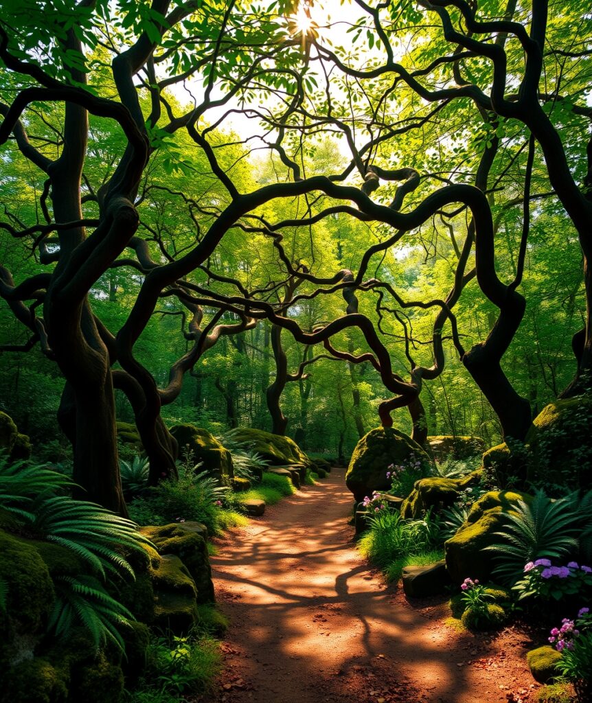 Sunlit Path Through the Enchanted Forest – free AI stock image