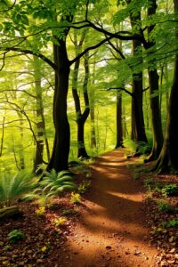 Sunlit Pathway Through a Lush Forest – free AI stock image