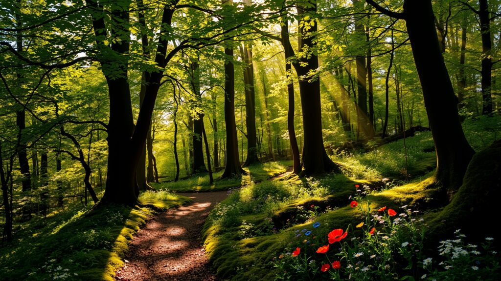 Sunlit Pathway Through the Enchanted Forest – free AI stock image