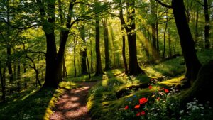 Sunlit Pathway Through the Enchanted Forest – free AI stock image